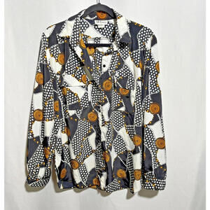 VTG Baroque Print Long Sleeve Button Up Top USA‎ Made Womens L Gold Chain Print